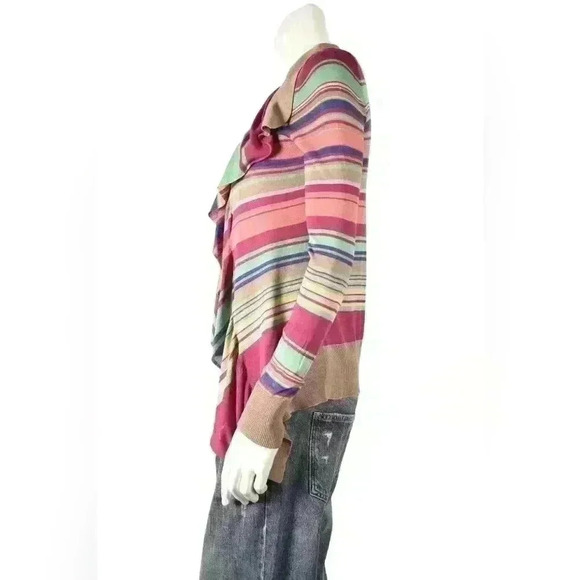 Y2K KENZO Pink Green Multicolour Stripe Silk  Knit Tie Frilly Cardigan Small - Picture 2 of 6